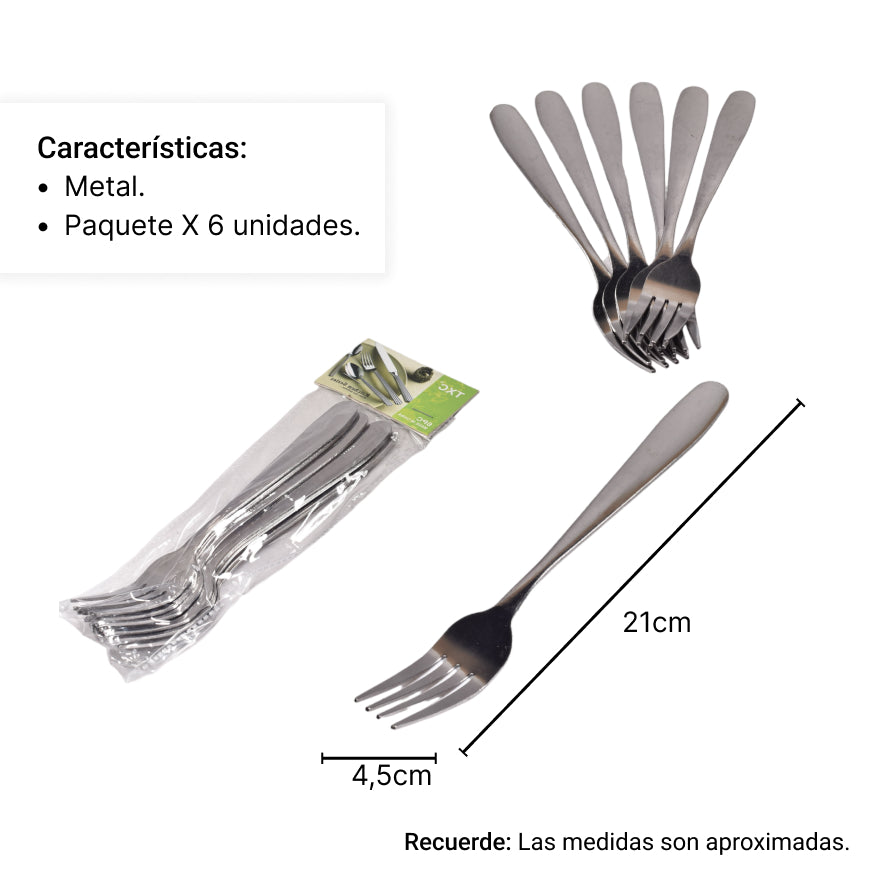 tenedor liso  x 6und en metal acero inoxidable dim:21