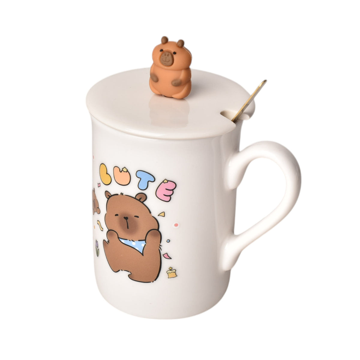 mug pocillo con tapa cuchara ceramica diseños capybara 360ml