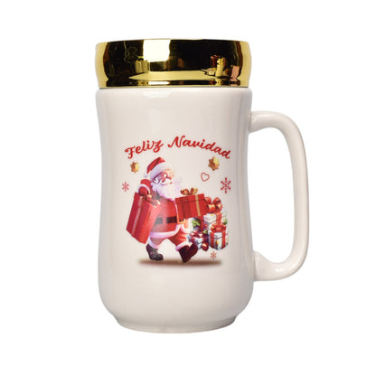 MUG POCILLO CERAMICA NAVIDAD CON TAPA ESPEJO 440ML DIM:14X7
