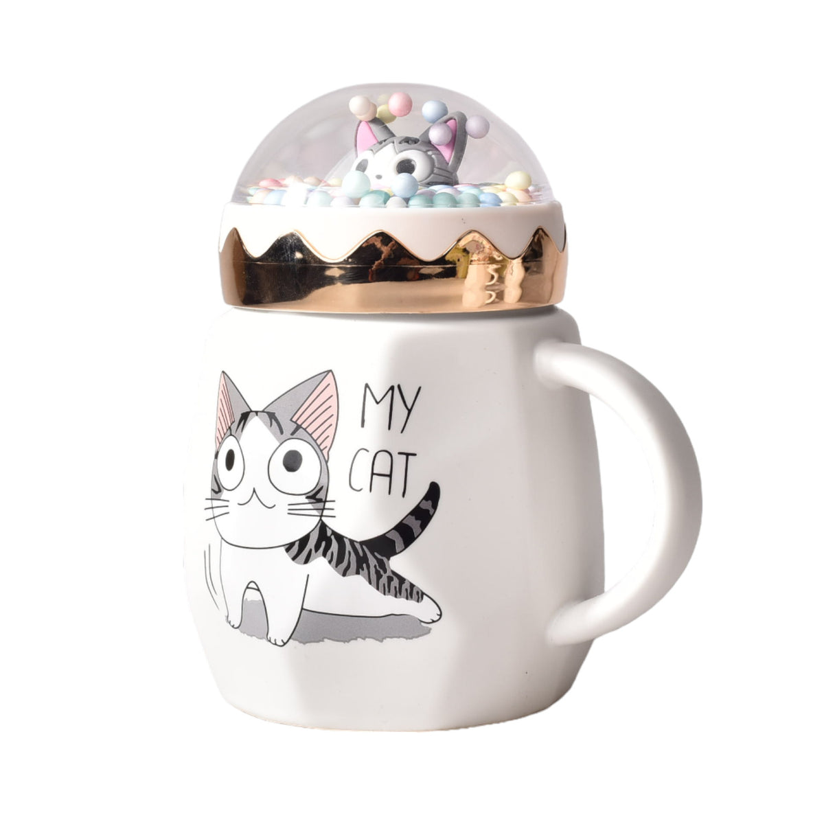 mug pocillo ceramica diseño de gato con tapa de 400ml 9x9x14