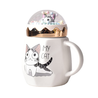 MUG POCILLO CERAMICA DISEÑO DE GATO CON TAPA DE 400ML 9x9x14