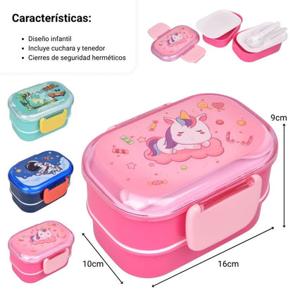 PORTACOMIDA CON CUBIERTOS Y DIVISION PLASTICO DIFERENTES DISEÑOS 350ML