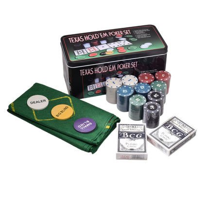 JUEGO DE POKER CON FICHAS, TAPETA Y CAJA DE METAL