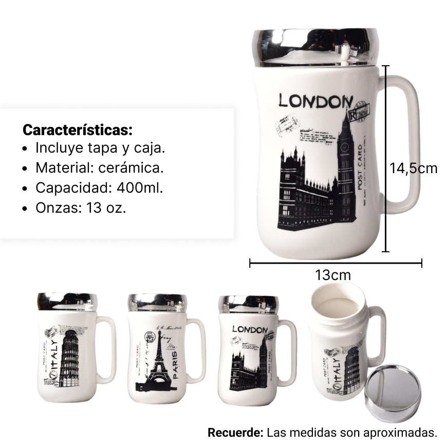 mug pocillo ceramica diferentes diseños con tapa de 400ml