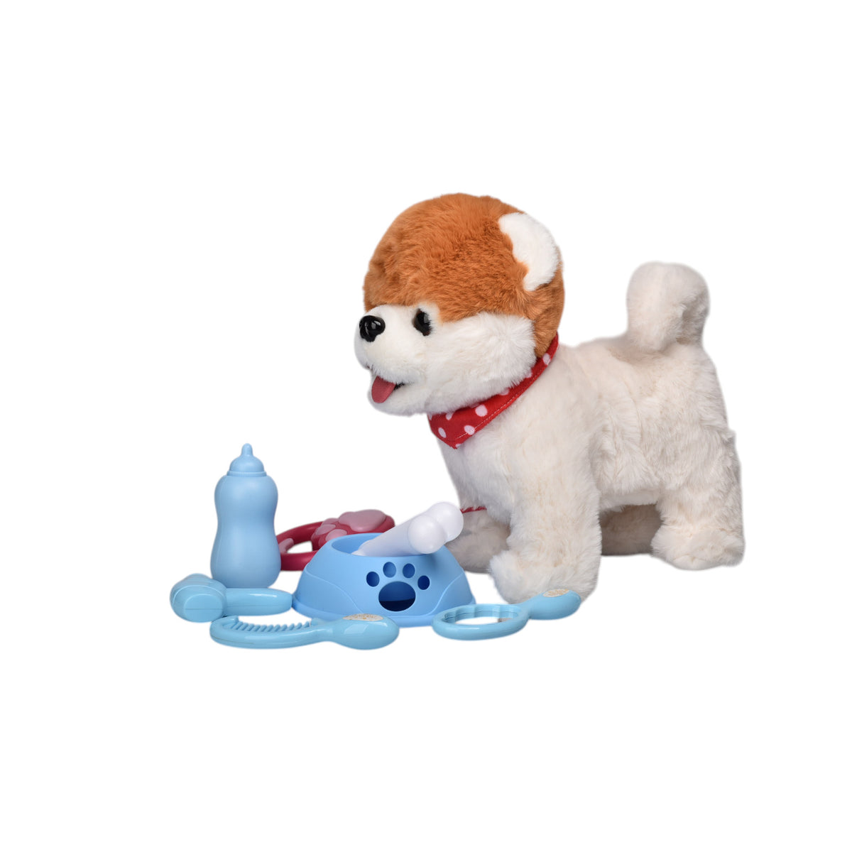 juguete con movimiento y sonido perro cafe con blanco peluche dim:25x12x26