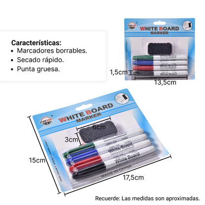 SET MARCADORES BORRABLES X 4  MAS BORRADOR
