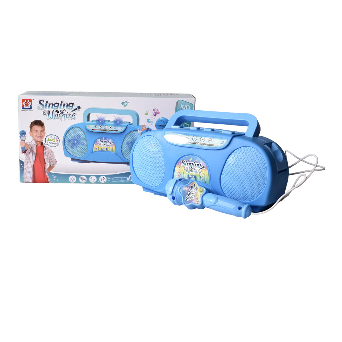 juguete karaoke azul con microfono de plastico con sonido