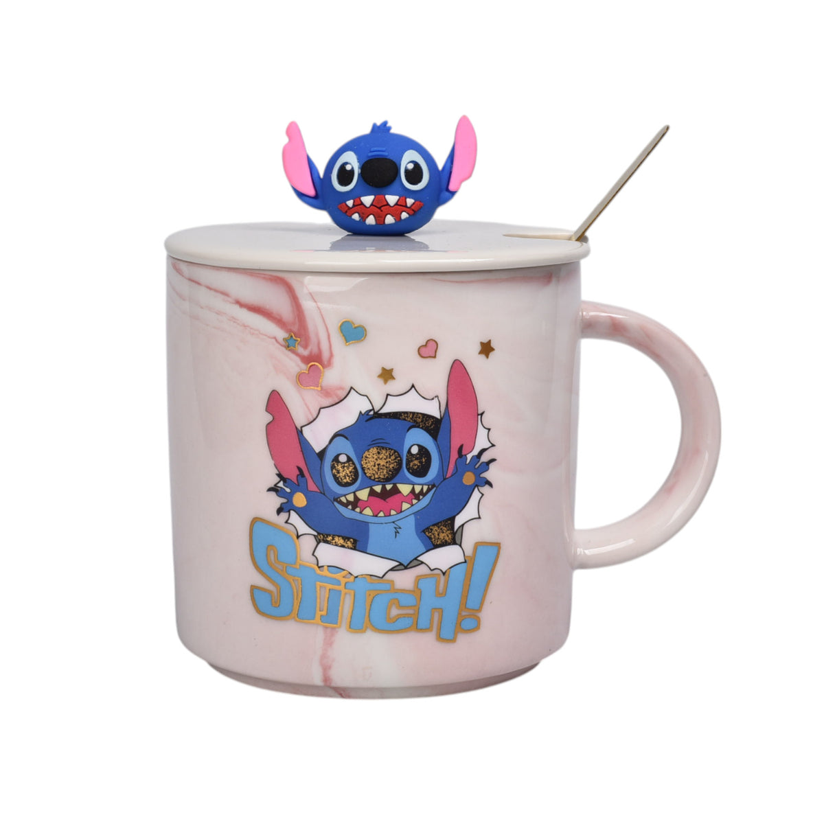 mug pocillo con tapa y  cuchara de ceramica personaje 400ml