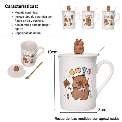 MUG POCILLO CON TAPA CUCHARA CERAMICA DISEÑOS CAPYBARA 360ML