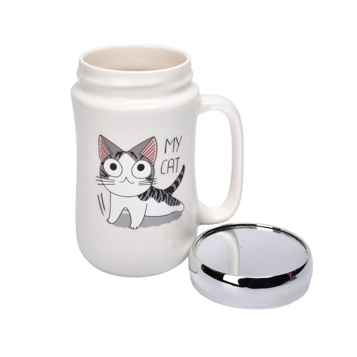 pocillo ceramica diseño gato con tapa 450ml dim:7x14