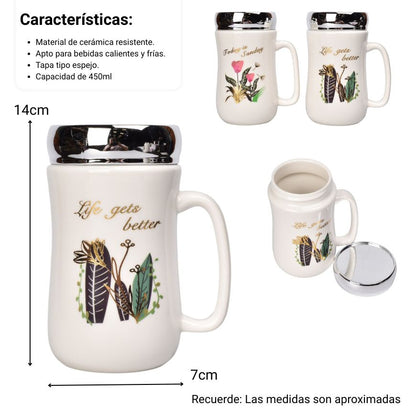 MUG POCILLO CERAMICA TAPA ESPEJO FLORES 450ML