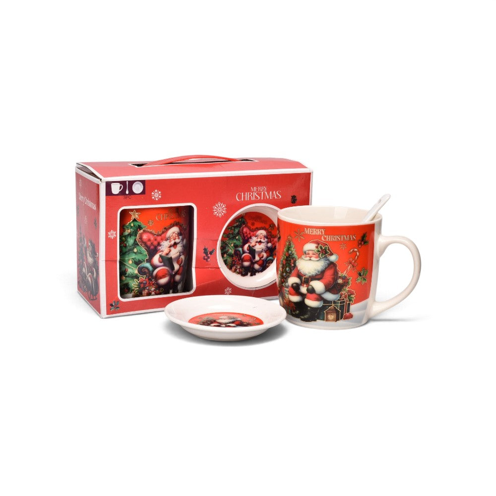 set 3pcs mug pocillo plato ceramica navideño 350ml