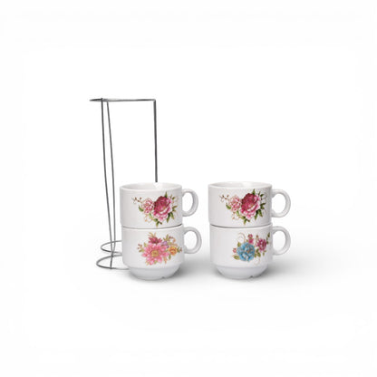 POCILLO SET 4PCS CERAMICA DISEÑOS  CON BASE  160ML DIM:7X7X6