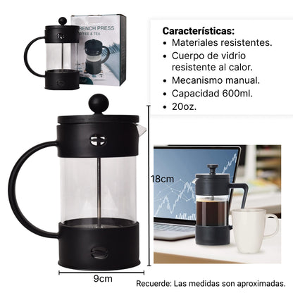 CAFETERA PRENSA FRANCESA PLASTICO Y VIDRIO 600ml DIM:9*9*18