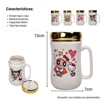 MUG POCILLO CERAMICA CON TAPA DE ESPEJO PERSONAJE 400ML DIM:7X7X13