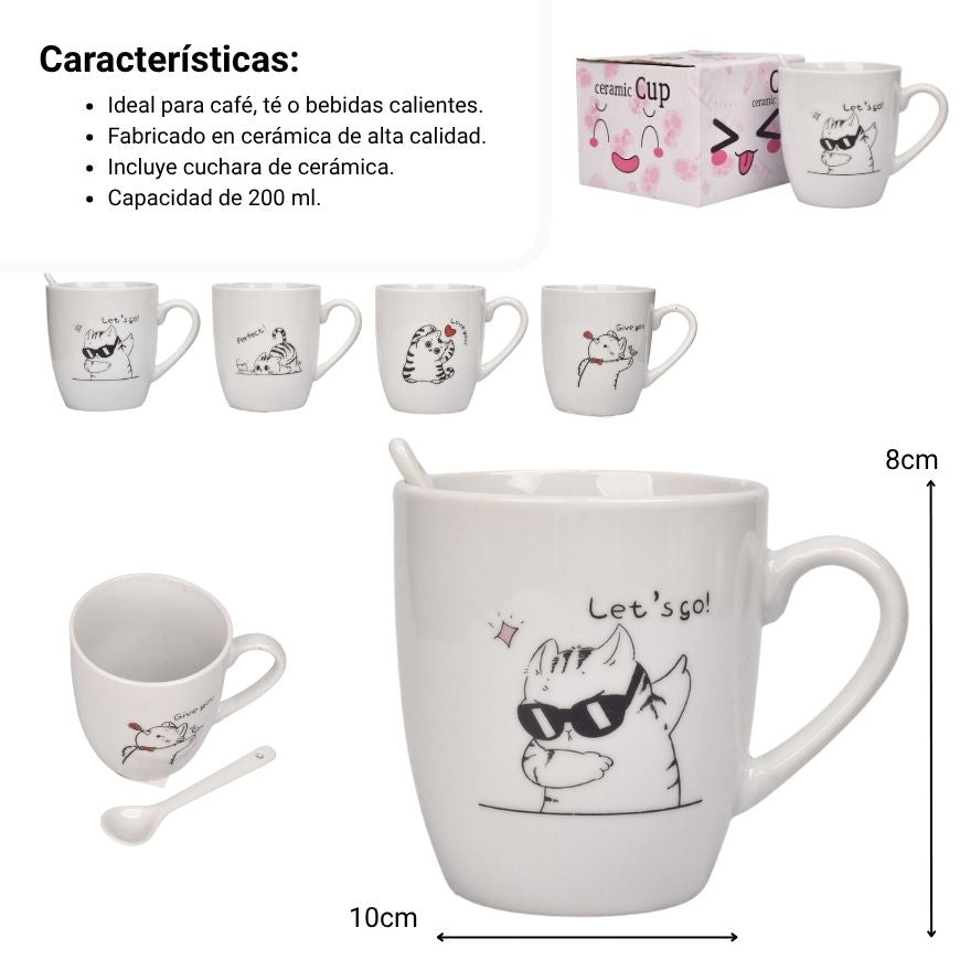 mug pocillo ceramica con cuchara diseño gatos 200ml