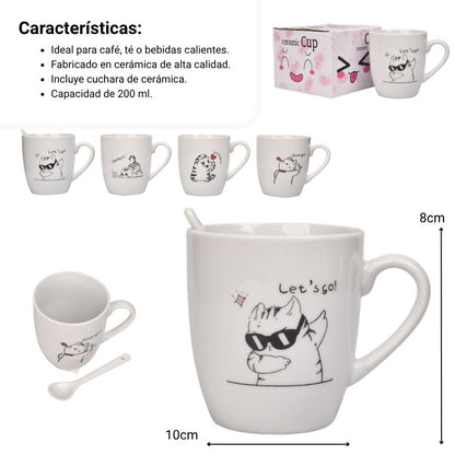 MUG POCILLO CERAMICA CON CUCHARA DISEÑO GATOS 200ML