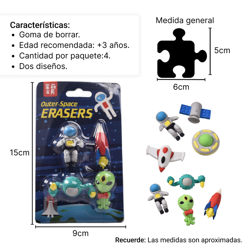 set x 4 borradores con forma de astronauta