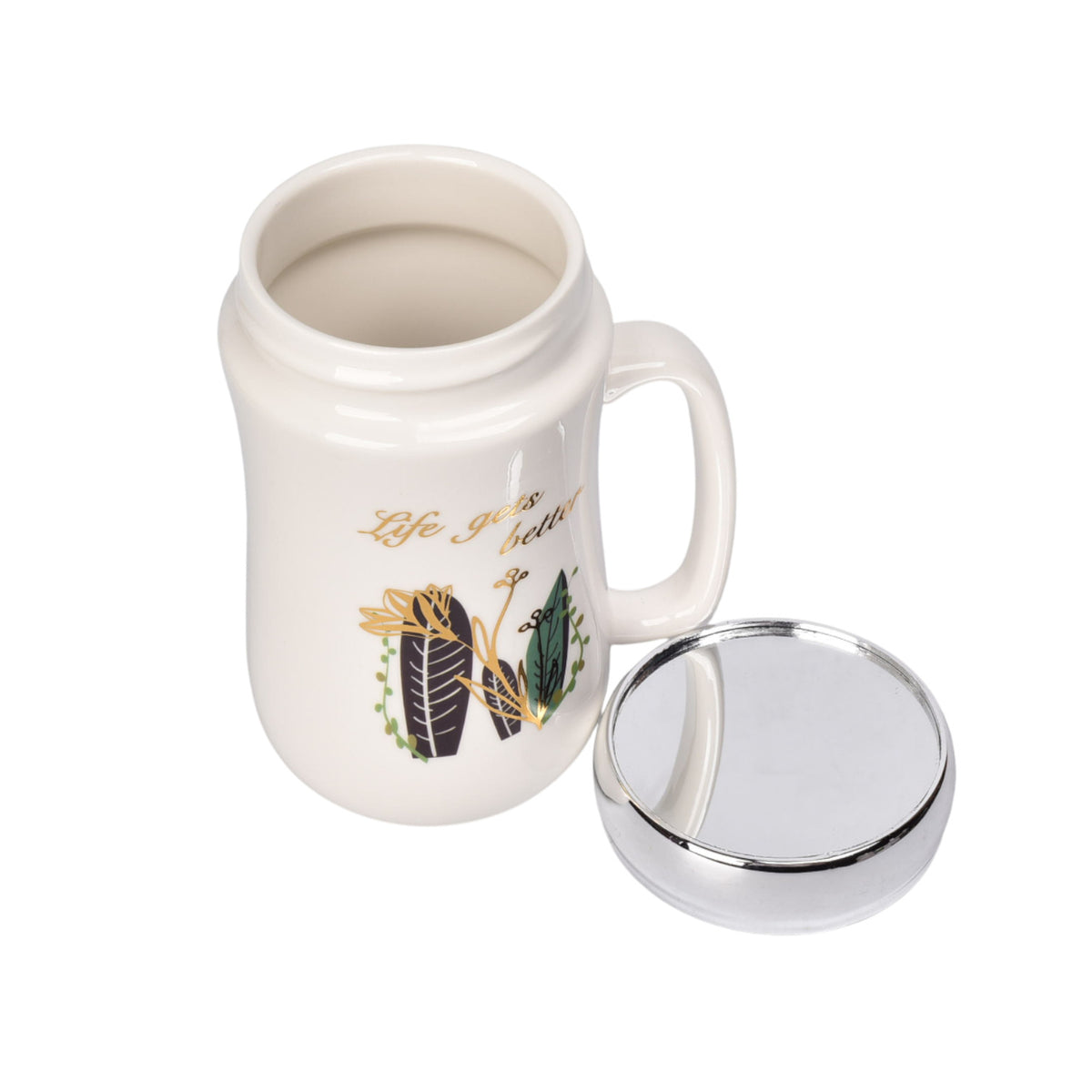 mug pocillo ceramica tapa espejo flores 450ml