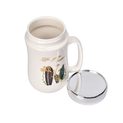 MUG POCILLO CERAMICA TAPA ESPEJO FLORES 450ML