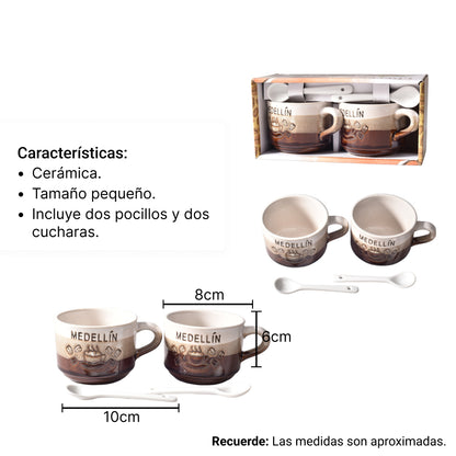 SET 2PCS POCILLOS CON CUCHARAS  CERAMICA DIM:7x7x6