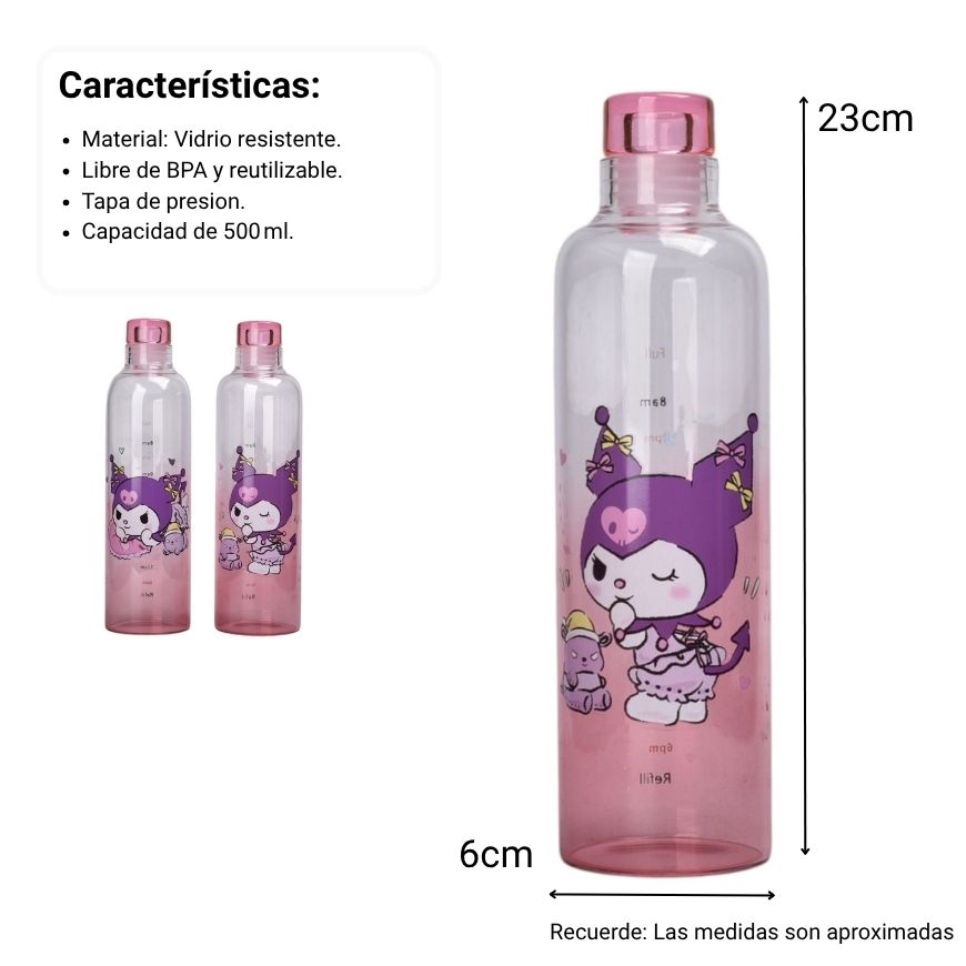 botella de vidrio 500ml personaje rosado dim:23x6