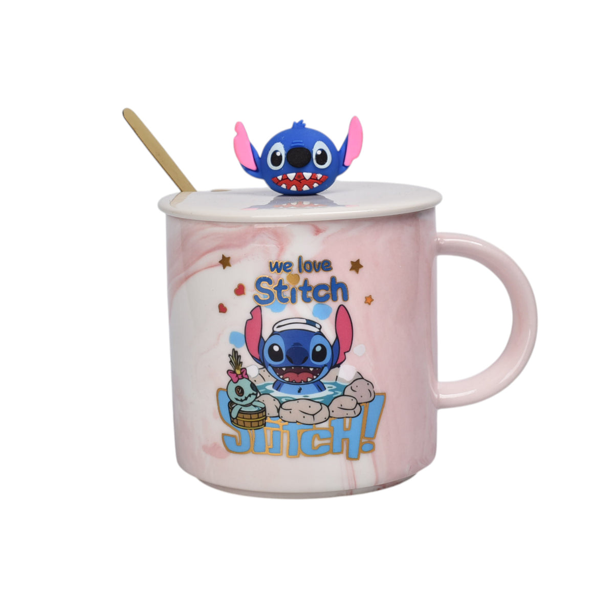 mug pocillo con tapa y  cuchara de ceramica personaje 400ml