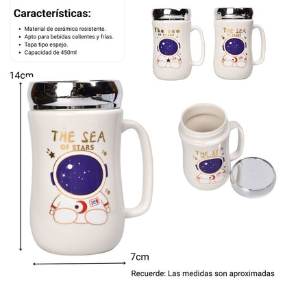 MUG POCILLO CERAMICA TAPA ESPEJO DISEÑO ASTRONAUTA 450ML
