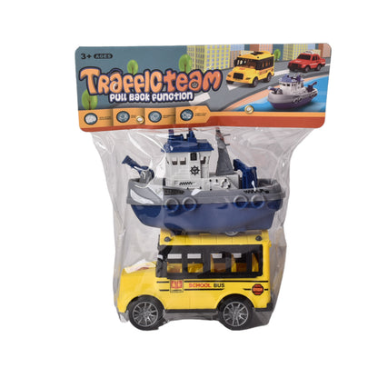 JUGUETE SET POR 2 UNIDADES BUS ESCOLAR Y BARCO PLASTICO