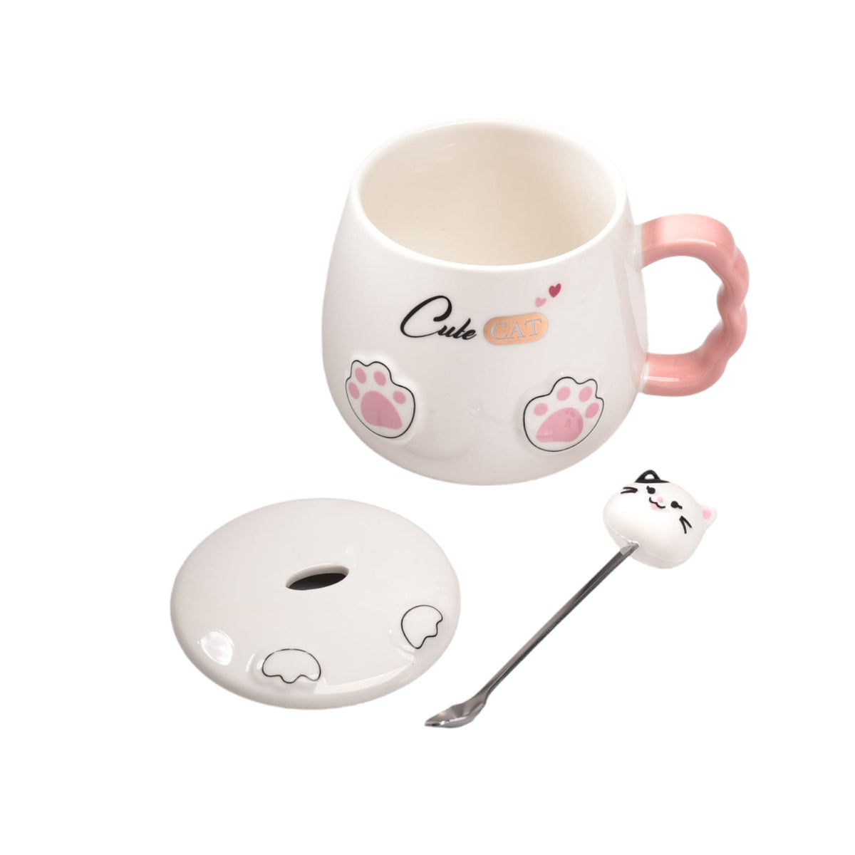 mug pocillo de gato cuchara y tapa ceramica
