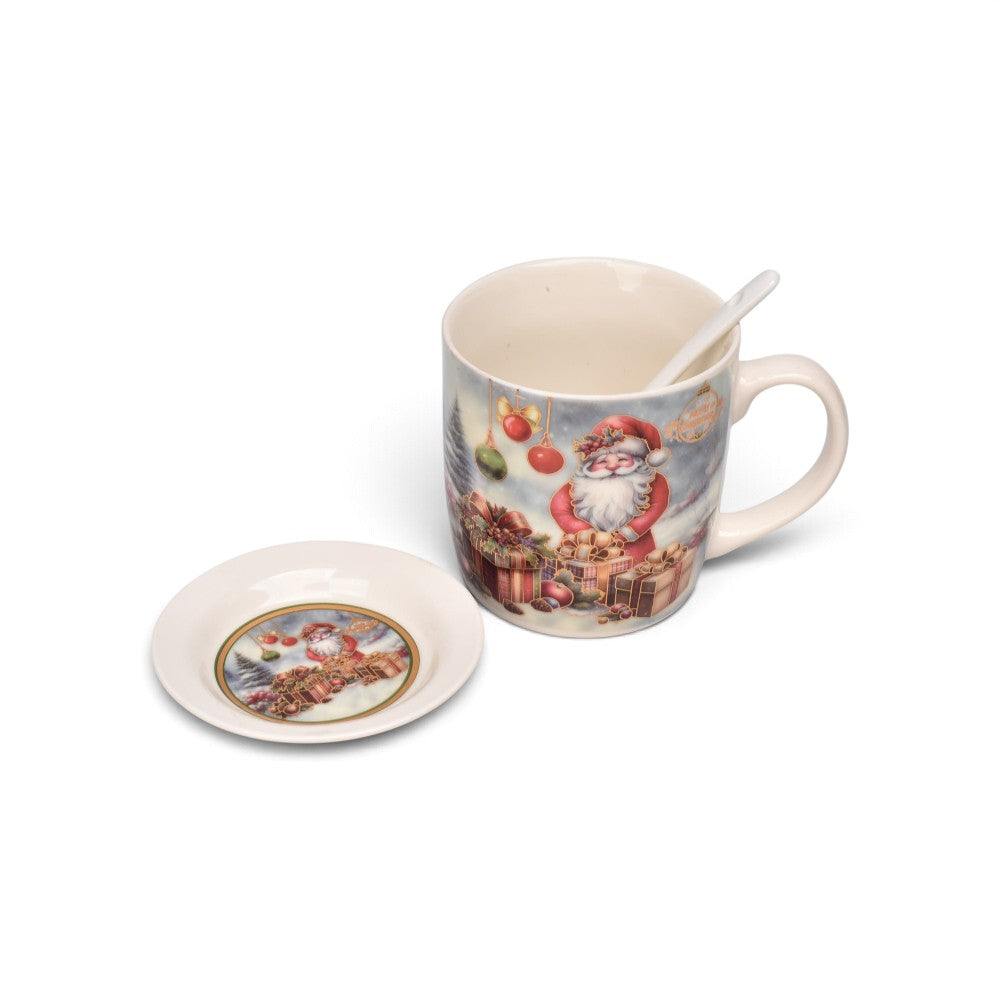 set 3pcs mug pocillo plato ceramica navideño 350ml