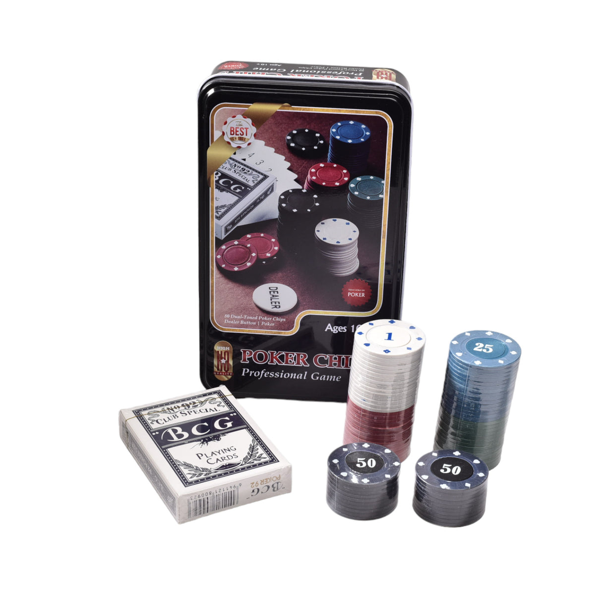 juego de poker con fichas y caja de metal