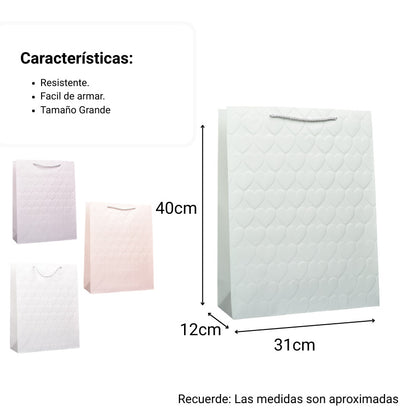 BOLSA PARA REGALO PAPEL CORAZONES GRANDE DIM:31X40X12