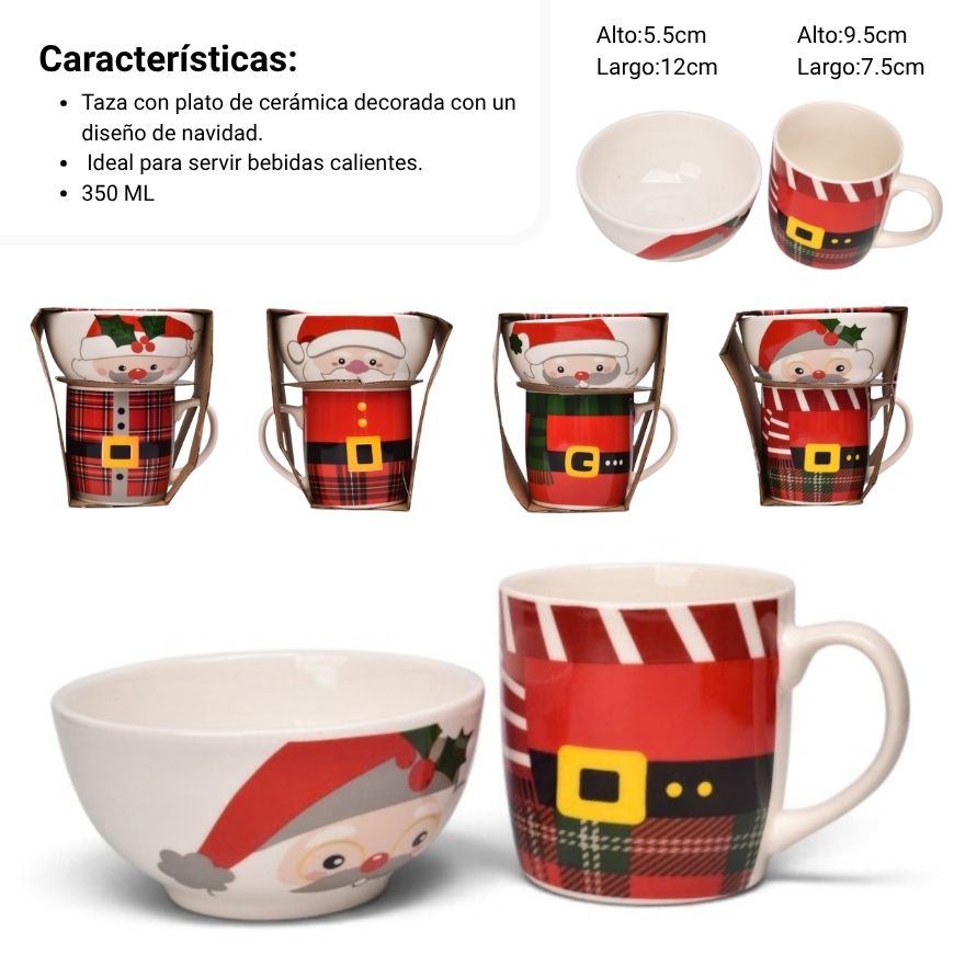 pocillo set ceramica con plato navidad 350ml