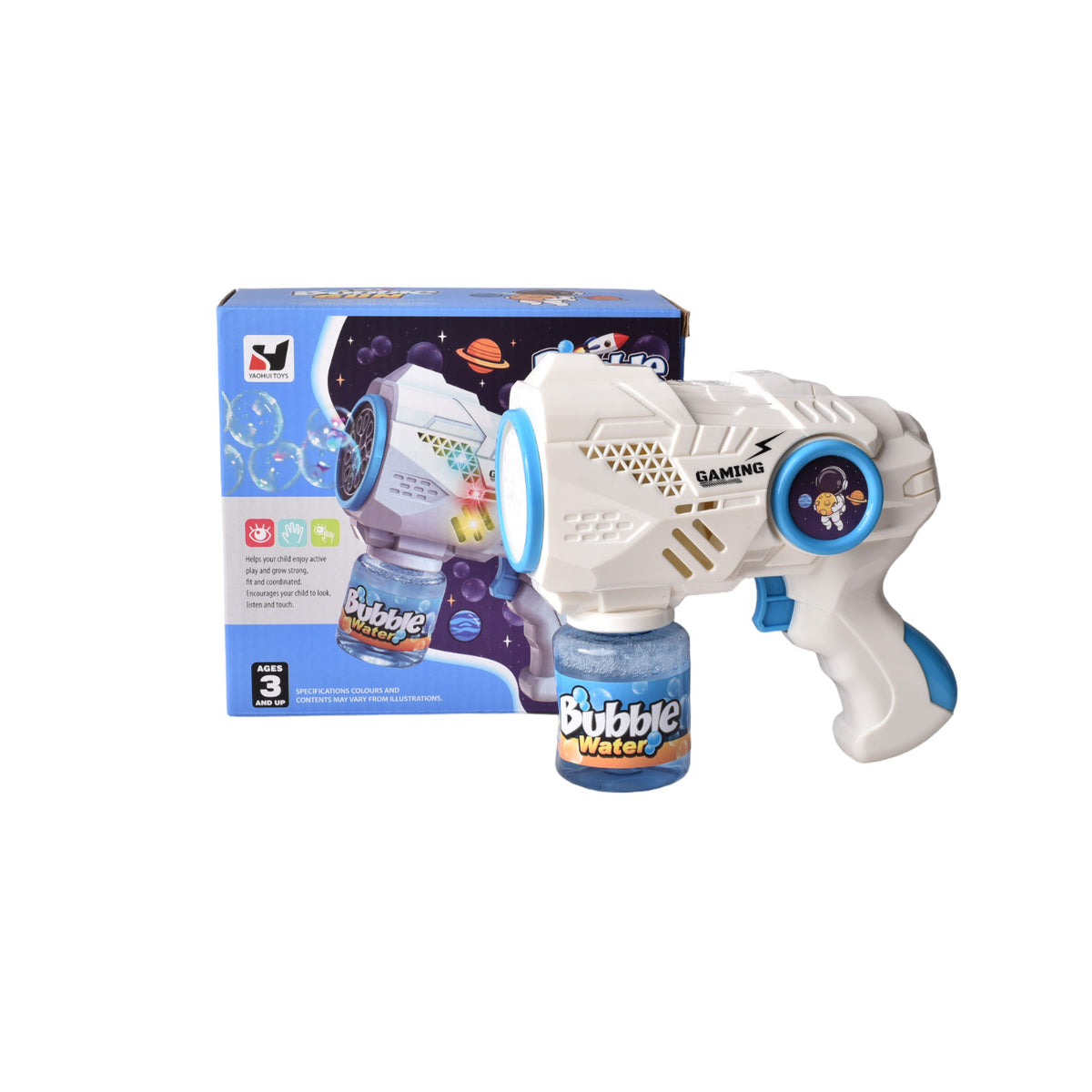 pistola de burbujas niños azul