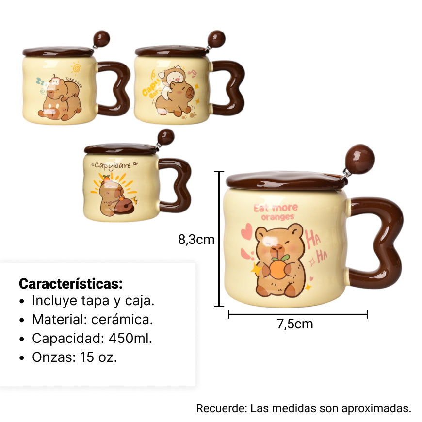 mug pocillo con tapa cuchara ceramica diseños capybara 380ml