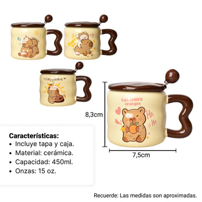 MUG POCILLO CON TAPA CUCHARA CERAMICA DISEÑOS CAPYBARA 380ML