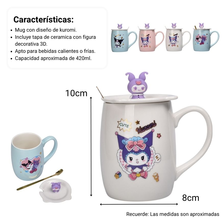 mug pocillo con tapa ceramica y cuchara personaje 420ml