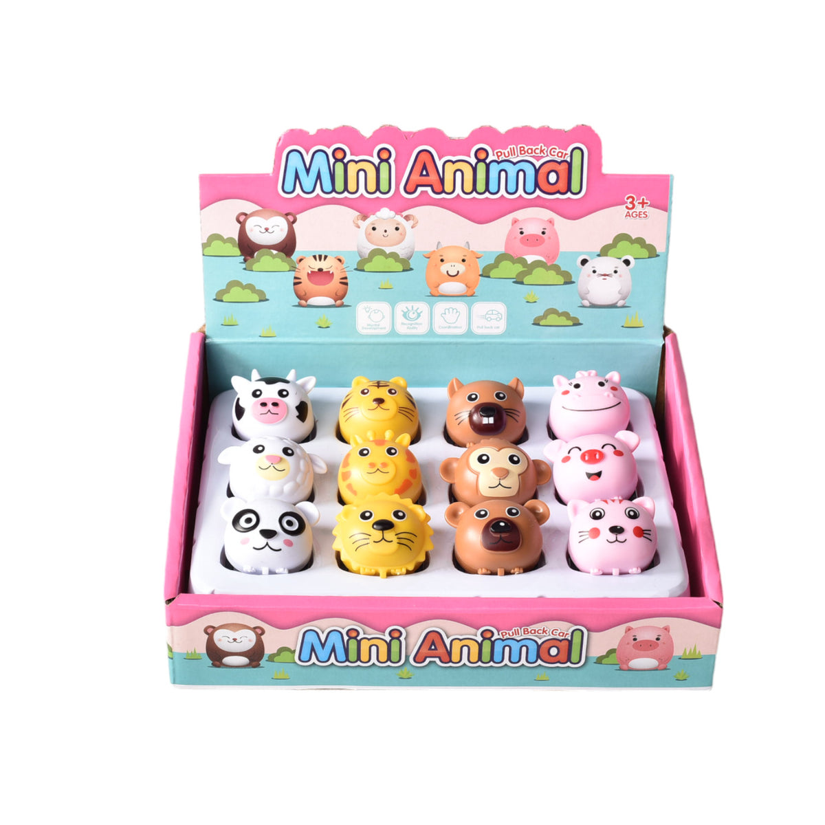 caja 12 und juguete carro plastico de impulso animalitos