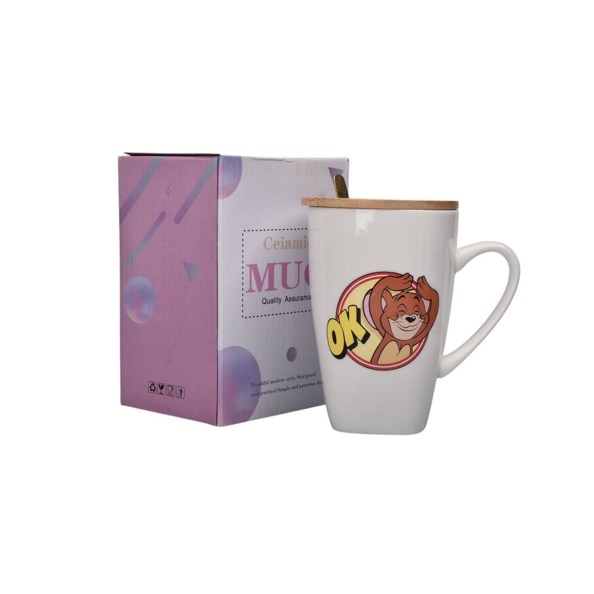 mug pocillo ceramica personaje con tapa de madera 380ml