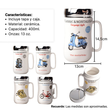 MUG POCILLO CERAMICA DIFERENTES DISEÑOS CON TAPA DE 400ML