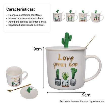 MUG POCILLO CON TAPA Y  CUCHARA DE CERAMICA DISEÑO CAPTUS 380ML DIM:9X9X8