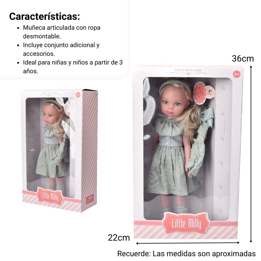 juguete muñeca de caucho con accesorios dim:22x10x36