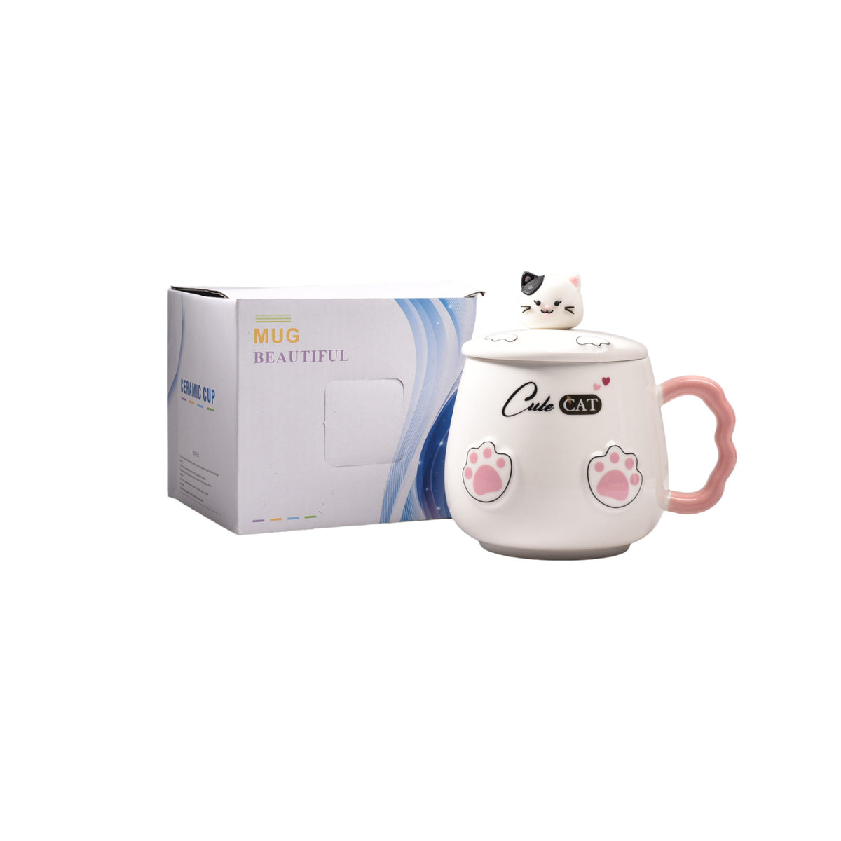 mug pocillo de gato cuchara y tapa ceramica