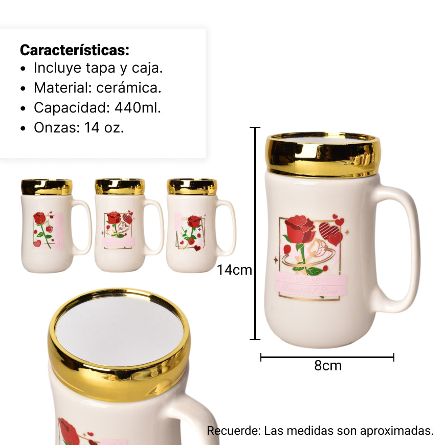 mug pocillo ceramica con tapa diseño flores 440ml dim:8*8*14