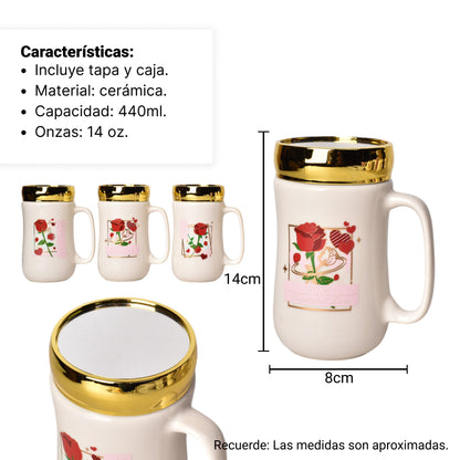 MUG POCILLO CERAMICA CON TAPA DISEÑO FLORES 440ML DIM:8*8*14