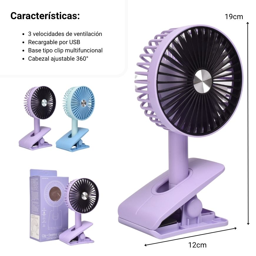 ventilador recargable plastico con cable usb dim:11x20x5cm