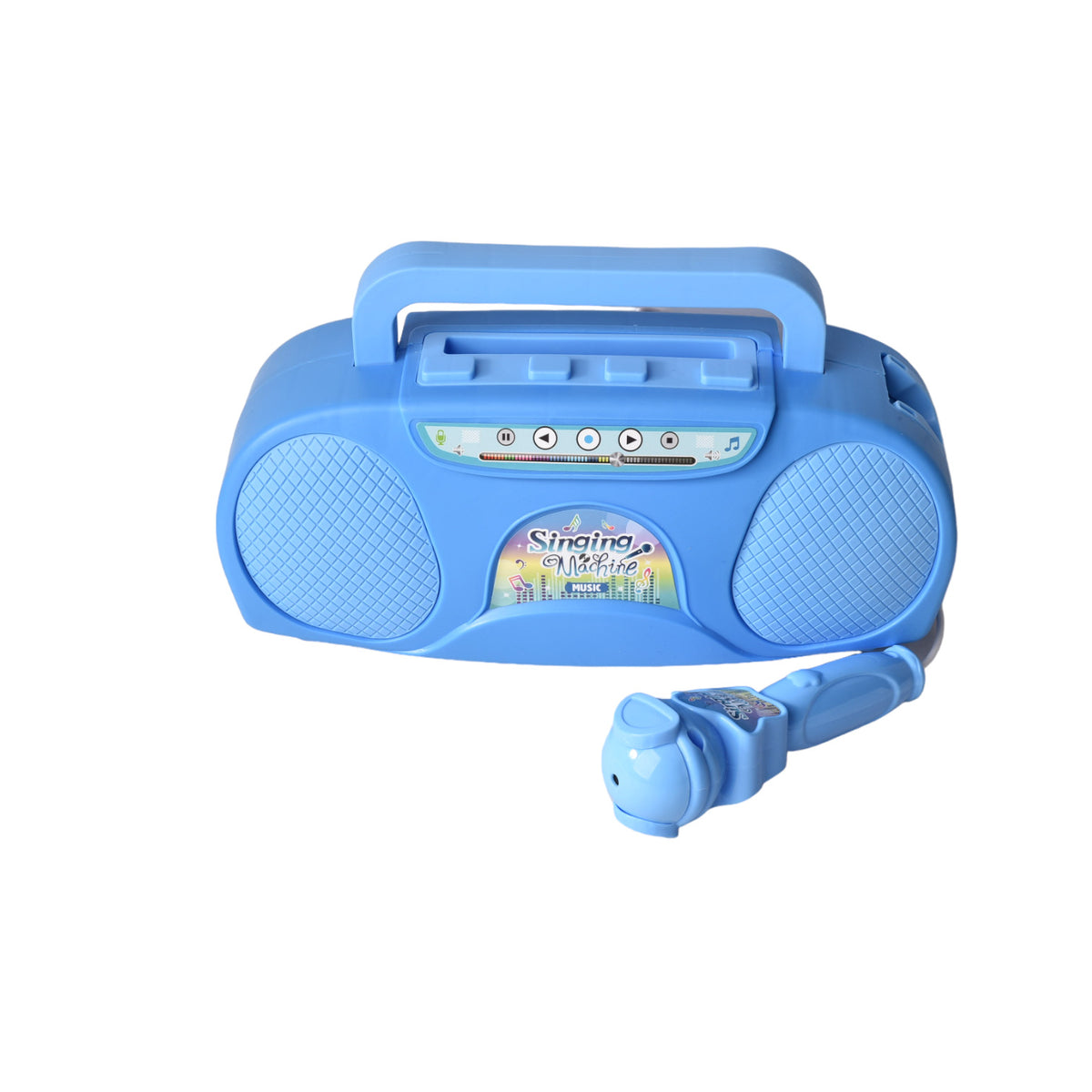 juguete karaoke azul con microfono de plastico con sonido