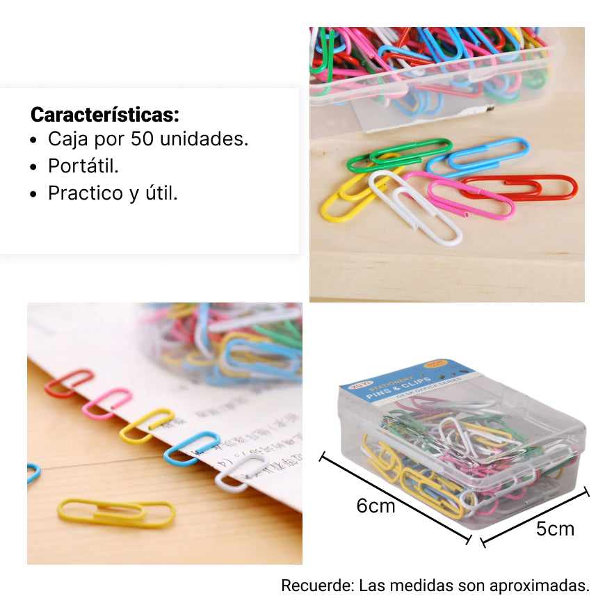 caja plastica de clips metal por 50 unidades varios colores