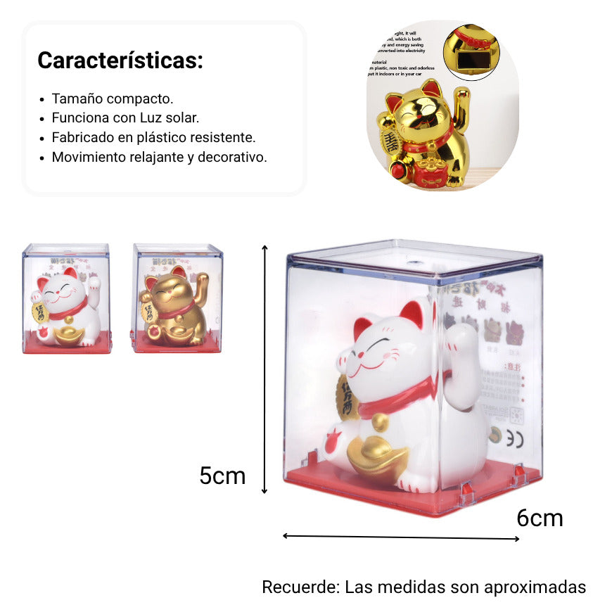 gato de la suerte solar plastico color dorado blanco dim:5x6x5